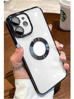 Storemax Ggm Aksesuar 11 ile Uyumlu Laser Şeffaf Parlak Arka Yüzey ve Logo Detaylı Kenarları Silikon Yapıya Sahip Lens Koruyuculu Kılıf(Siyah)