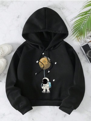 Ciel Lune Nevermind Unisex Astronot Baskılı Büzgülü Termal Astarlı Kapüşonlu Oversize 2 iplik Siyah