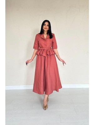 Eccey Butik Moccah Ince Kemerli Fırfırlı Ceket ve Büzgülü Etek Takım