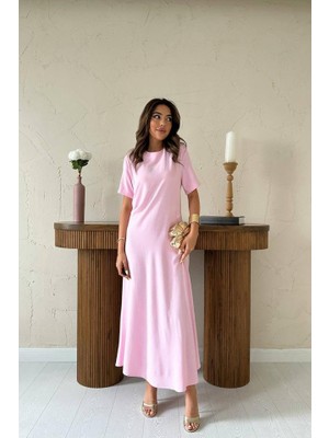 Eccey Butik Pudra Pileli Bisiklet Yaka Elbise