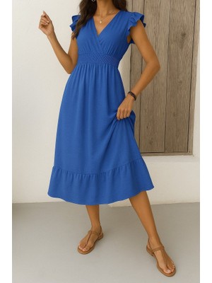 Buğrahayalin Kadın Kısa Kelebek Kollu Kruvaze Yakalı Beli Lastikli Aerobin Elbise