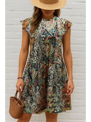 Eccey Butik Kadın Kısa Kollu Kolları Fırfırlı Bisiklet Yakalı Kare Desenli Elbise