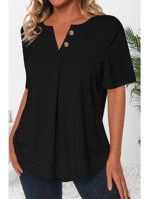 Buğrahayalin Kadın Kısa Kollu Çentikli V Düğme Detaylı V Yaka Önden Pileli Ithal Keten Bluz