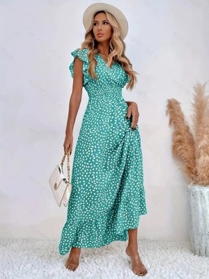 Buğrahayalin Kadın Kısa Kollu Kruvaze Yaka Beli Lastikli Çiçek Desenli Elbise