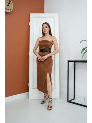 Eccey Butik Kahverengi Straplez Saten Elbise