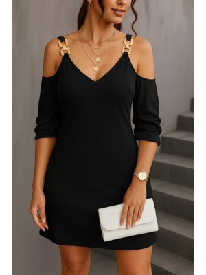 Eccey Butik Kadın Uzun Kollu Askı Detay Iki Iplik Mini Boy Elbise