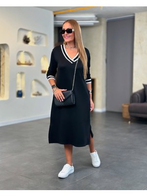 Eccey Butik Kadın Uzun Kollu V Ribana Yakalı Yanlardan Yırtmaçlı Midi Viskon Iki Iplik Elbise