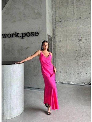 Eccey Butik Jakarlı Askılı Saten Elbise Asimetrik - Pembe