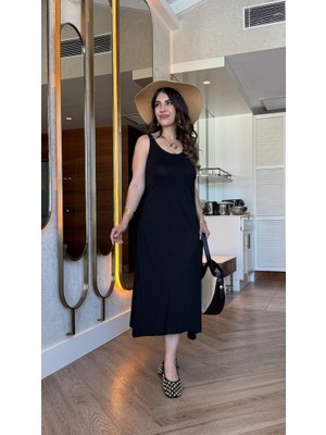 Eccey Butik Kadın Askılı Yuvarlak Yakalı Viskon Elbise