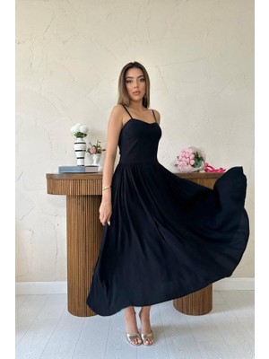 Eccey Butik Siyah Göğüs Kuplu Uzun Büzgülü Elbise