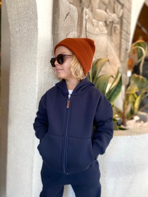 Seftex Erkek / Kız Çocuk Fermuarlı Sweatshirt Kangru Cepli Kapşonlu 3 Iplik Şardonlu