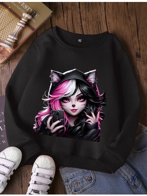 Punix Kids Punıx Kıds Özel Seri Yuvarlak Yaka Party Kızı Baskılı %100 Pamuk Trend Kız Çocuk Sweatshırt