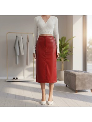 Biçomi Yırtmaçlı Uzun Deri Etek Bordo