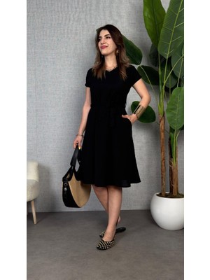 Buğrahayalin Kadın Kısa Kollu V Yakalı Beli Kuşaklı Ithal Keten Elbise