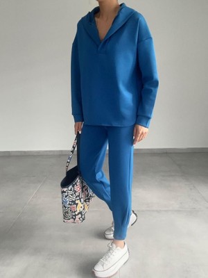 Eccey Butik Kadın Uzun Kol V Yaka Kapüşon Detay Sweat ve Yüksel Bel Eşofman Ikili Takım