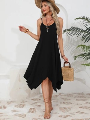 Eccey Butik Kadın Ip Askılı Yuvarlak Yakalı Asimetrik Kesim Viskon Elbise