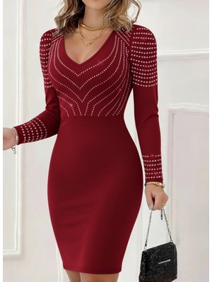 Eccey Butik Kadın Uzun Kollu V Yakalı Taşlı Mini Ithal Krep Elbise
