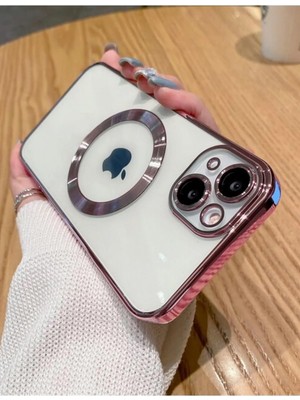 Storemax Ggm Aksesuar 13 ile Uyumlu Laser Şeffaf Parlak Arka Yüzey ve Logo Detaylı Kenarları Silikon Yapıya Sahip Lens Koruyuculu Kılıf (Pembe)