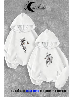 NEVERMIND Sevgili Çift Kombin Kaplan ve Aslan Ön Baskılı Kapüşonlu Sweatshirt 2li Set Takım 3 İplik