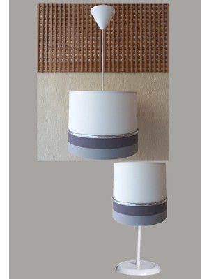 Onay Avize Gri Beyaz M-642 Kumaş Kaplama 2.li Set Yatak Odası Genç ve Çocuk Odası Avize ve Abajur Seti