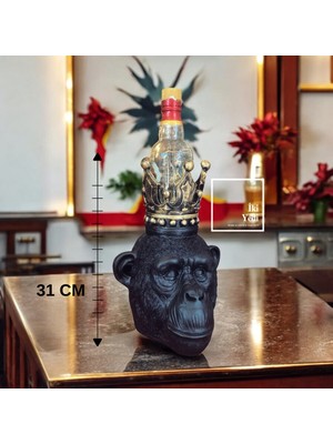 İki Yedi Konsept Luke Kral Tacı Tasarımlı Şişe Tutucu Siyah Maymun Figürü 31 cm Dekoratif Obje Ev Ofis Bar Aksesuarı
