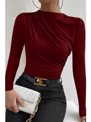 Moda Şahsenem Kadın Bordo Belden ve Boyundan Büzgü Detaylı Uzun Kollu Bluz