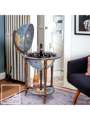 İki Yedi Konsept Bluedislas Mavi Dünya Bar Küresi, Ahşap Ayaklı Şaraplık, Dekoratif Içki Arabası ve Sunum Sehpası