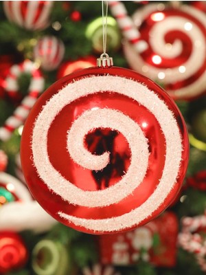 Parti Adresi Yılbaşı Ağaç Süsü Simli Spiral Desenli Dekoratif Şeker Kırmızı Beyaz 20 cm 2'li