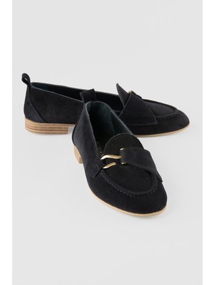 Mubiano Kadın Hakiki Süet Deri Babet Gold Aksesuarlı Lacivert Demira