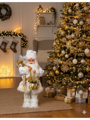 Dodomar 60 cm Beyaz Hediye Paketli Noel Baba – Ayakta Duran Modern ve Özel Tasarım Yılbaşı Dekor Figürü