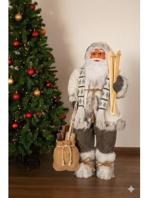 Dodomar 120 cm Yılbaşı Noel Baba Figürü - Beyaz Kostümlü Kayaklı Lüks Dekoratif Büyük Boy Süs (Iç ve Dış Mekan)