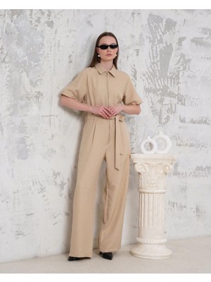 Zengezur Mall Nrzsnt Kuşaklı Gömlek Yaka Salaş Tulum Bej S255822 (Beden: M)