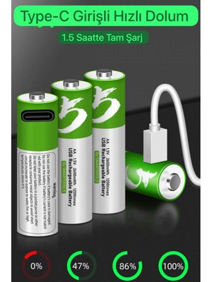 Azurtech İnce Pil Kalem Pil USB Type-C Kablo ile Şarj Edilebilir Lityum 2'li Ince Kalem Pil 1.5V Aaa /