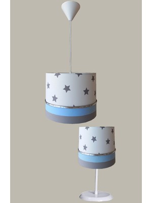 Onay Avize Beyaz Yıldızlı Mavi 2.li Set M-650 Kumaş Kaplama Genç ve Çocuk Odası Avize ve Abajur Takımı