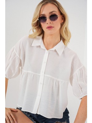 Kısa Kol Crop Gömlek 20335 - Beyaz