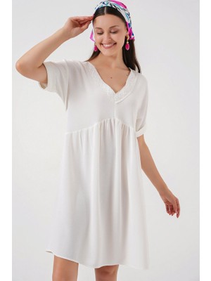 V Yaka Kısa Kol Elbise 2567 - Beyaz
