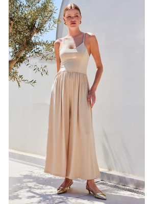 7029 Bol Paça Askılı Tulum - Bej