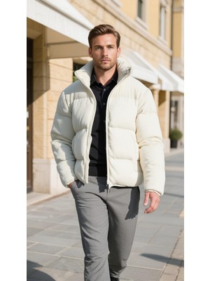 Erkek Kadife Şişme Mont Krem