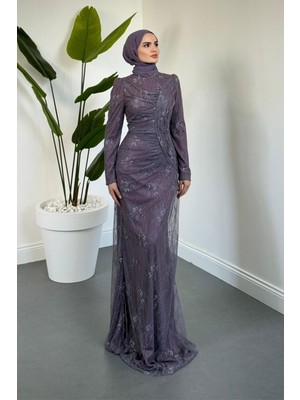 Merven Akyüz Sahra Dantel Kumaş Astarlı Balık Abiye Lila