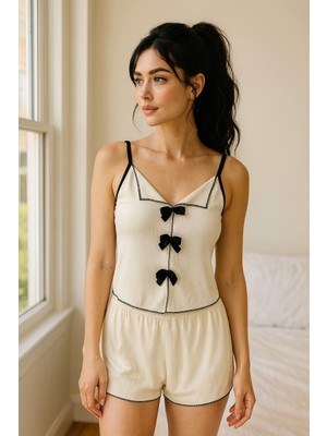 Moda Şahsenem Siyah Kurdelalı Fitilli Askılı Şortlu Pijama Takımı