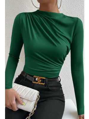 Moda Şahsenem Kadın Yeşil Belden ve Boyundan Büzgü Detaylı Uzun Kollu Bluz