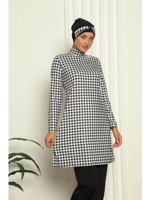 Moda Şahsenem Moda Tam Tesettür Dijital Desenli Mayo Siyah - Beyaz