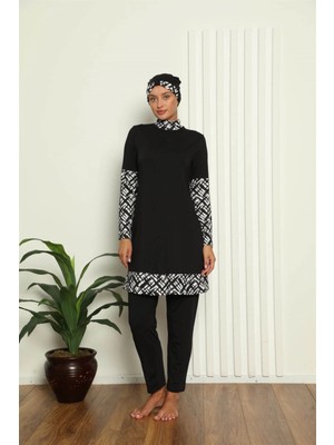 Moda Şahsenem Moda Tam Tesettür Dijital Desenli Mayo Siyah
