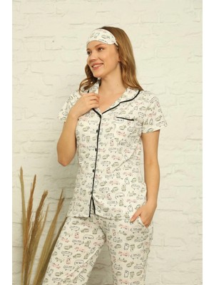 Moda Şahsenem Moda Kadın %100 Pamuk Önden Düğmeli Kısa Kol Pijama Takım Ekru