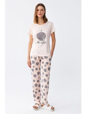 Moda Şahsenem Moda Kadın Kısa Kol Pijama Takım Pudra