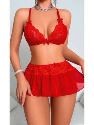 Beruflic Kırmızı Dantelli Tül Etekli  Sütyen Etek Takım Real Passione