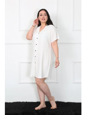 Moda Şahsenem Moda Büyük Beden Dokuma Düğmeli Beyaz Tunik Gecelik