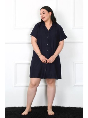 Moda Şahsenem Moda Büyük Beden Dokuma Düğmeli Lacivert Tunik Gecelik