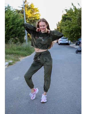 Moda Şahsenem Moda Kadın Kadife Kapşonlu Eşofman Takım Haki