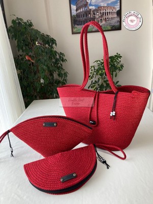 Double Knot Design Burn 3lü Takım Plaj Çantası El Çantası Clutch Totebag Kadın Çanta Yazlık Hediyelik